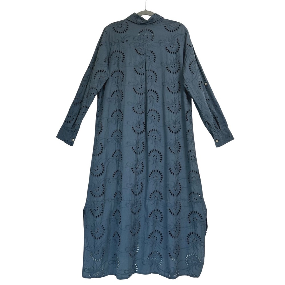 Italian Cotton Eyelet Shirt Dress Blue Embroidered Tunic Long Sleeve L - Picture 7 of 11